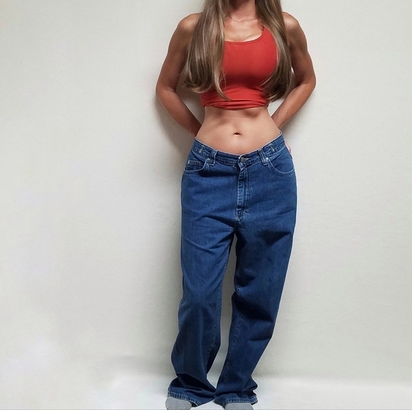 VINTAGE 90s Lee Riveted Dark Wash Wide Leg High Rise Skater Loose Fit Jeans - Picture 2 of 13